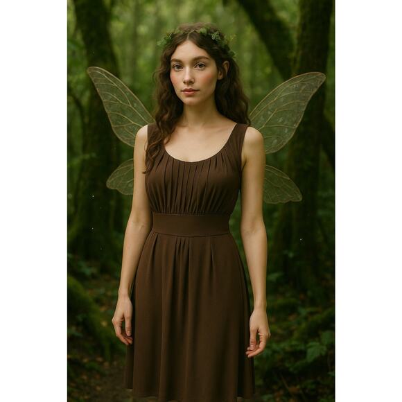 VTG 90s Y2K Brown Milkmaid Prairie Pleated Tie Back Midi Dress Fairy Grunge 14 - Picture 1 of 15